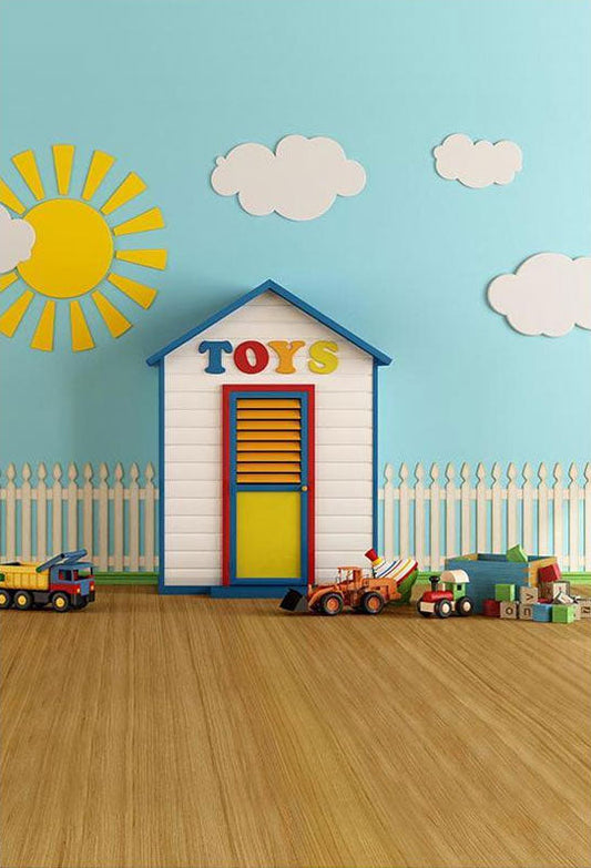 Toile de fond de jouets nuages blancs et soleil bleu fond mur plancher de bois pour la photographie