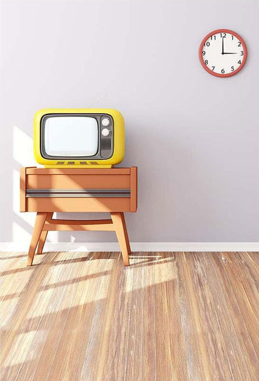Toile de fond de plancher en bois de fond de télévision et de montre jaune pour la photographie