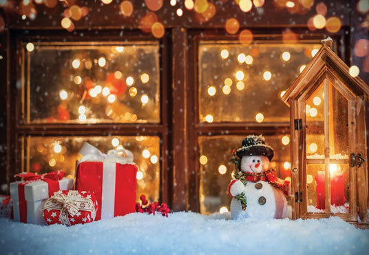 Toile de fond de Noël nuit de fenêtre lumineux bonhomme de neige photographie décors pour la photo