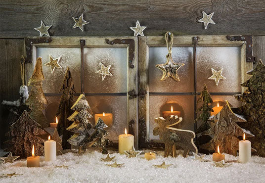 Toile de fond décors de flocon de neige de bougie de fenêtre en bois gris de Noël