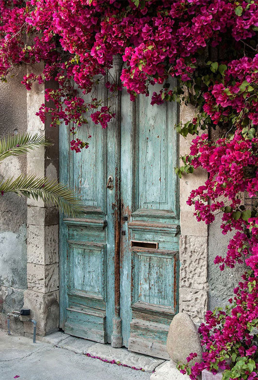 Toile de fond de porte en bois vintage fleurs roses de mariage de printemps de photographie