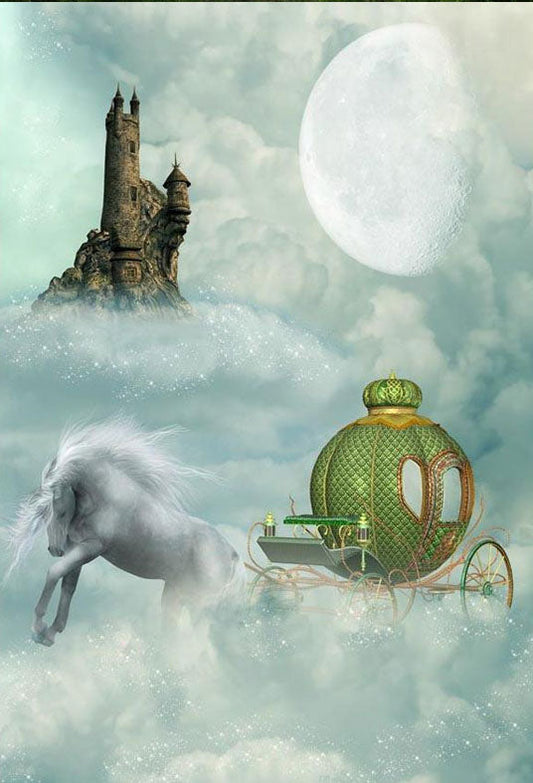 Toile de fond de licorne blanche sur fond citrouille verte nuages fond château lune
