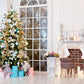 Toile de fond décors de plancher en bois d'arbre de Noël coloré de cheminée blanche pour des photos