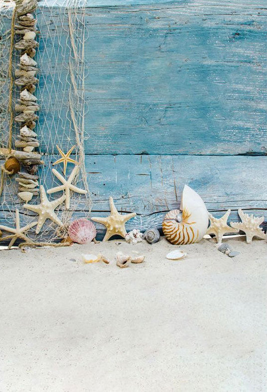 Toile de fond d'étoile de mer et crustacés avant le plancher de bois bleu pour les décors de bord de mer d'été