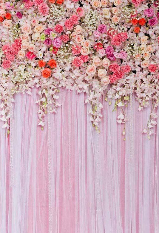 Toile de fond de rideau de rose de mur de fleurs suspendues roses pour la photographie de noce