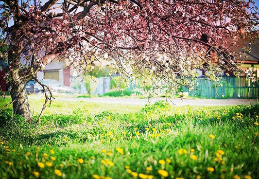 Toile de fond en fleurs roses décors de sol en herbe verte pour une belle photographie de printemps