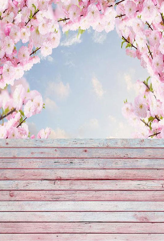 Toile de fond de photographie de plancher en bois de fond de fleur de pêcher rose