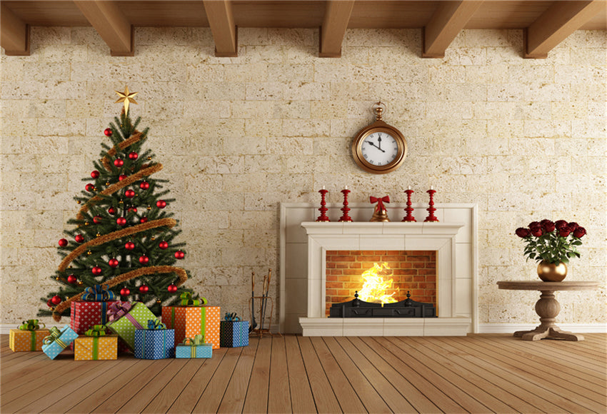 Toile de fond de décors de photographie de Noël en bois de brique