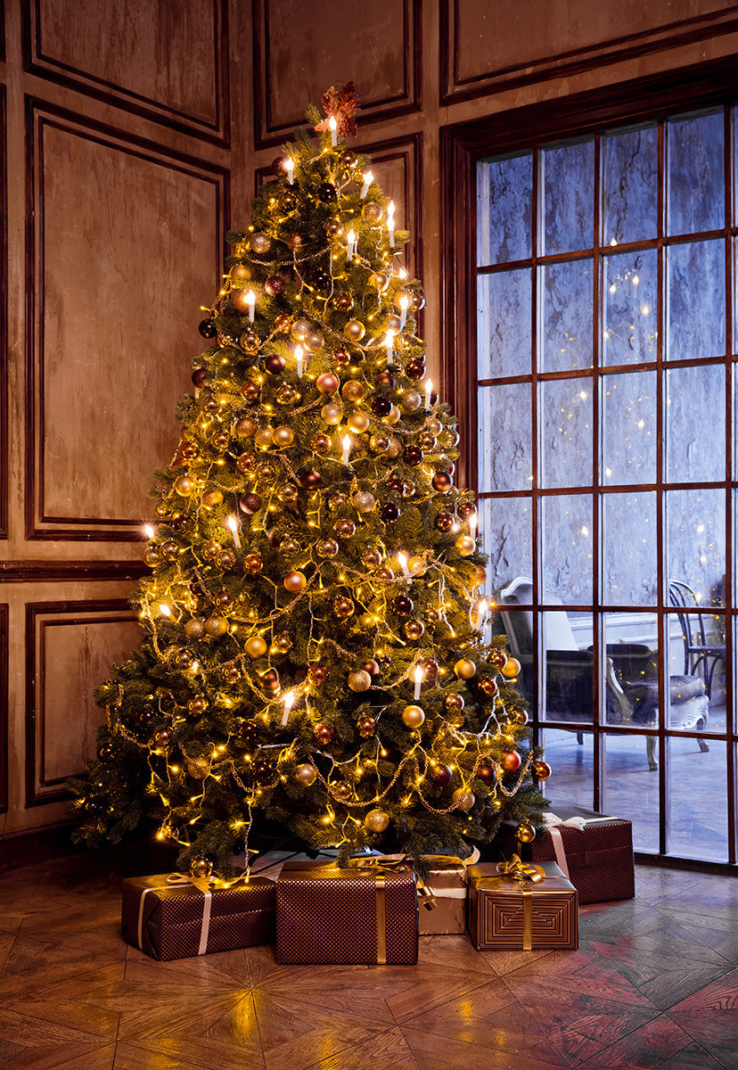 Toile de fond décors de photo de sapin de Noël lumineux de luxe
