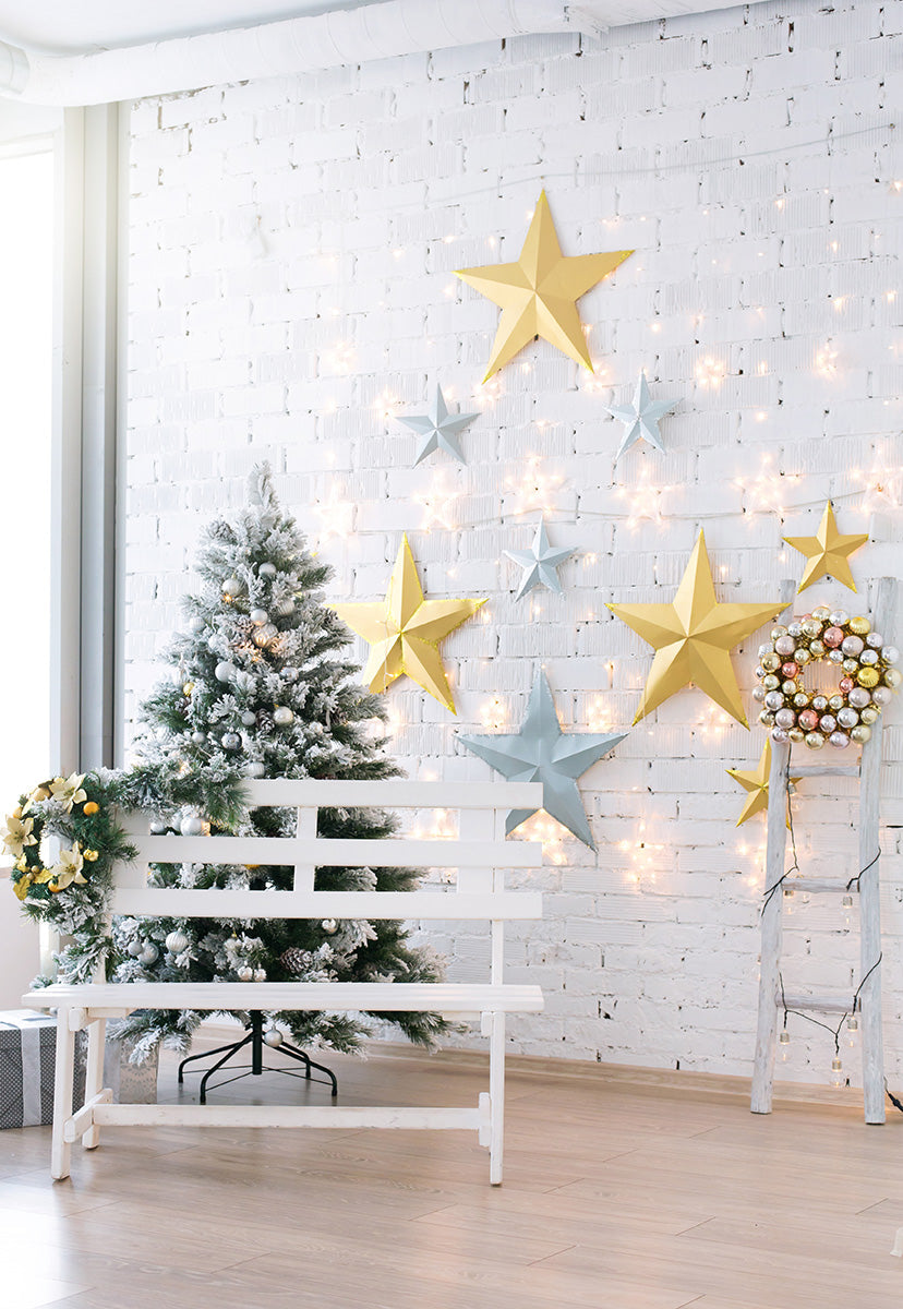 Toile de fond de mur de briques blanches décors de Noël de plancher en bois d'étoile colorée