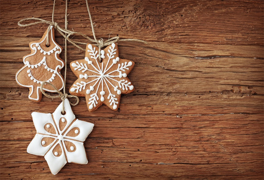 Toile de fond de photographie de biscuits de flocon de neige fond de photo en bois de Noël