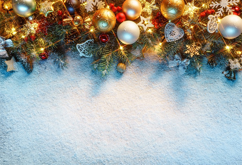 Toile de fond décor de Noël scintillant décors de neige de cloche d'or pour la photographie