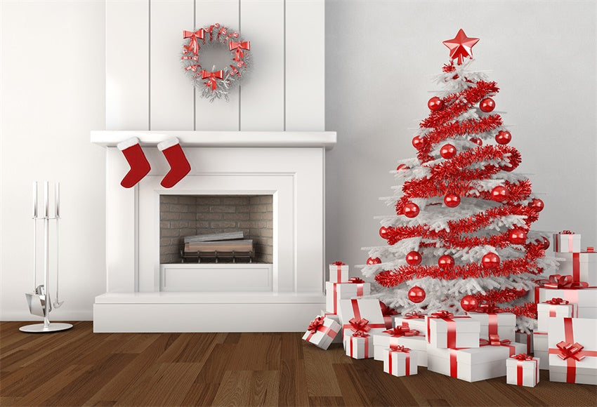 Toile de fond de plancher de bois brun cheminée blanche de Noël pour les photos