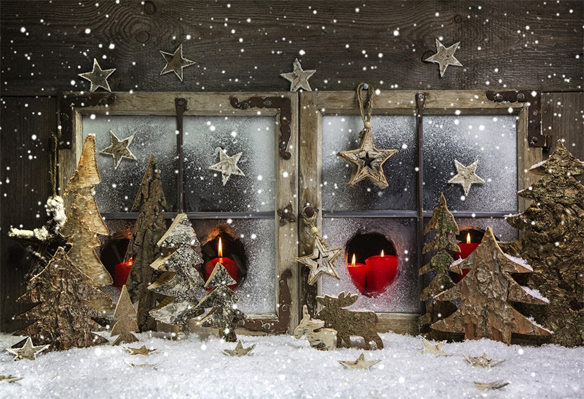 Toile de fond de décors de Noël de flocon de neige de fenêtre en bois pour la photographie
