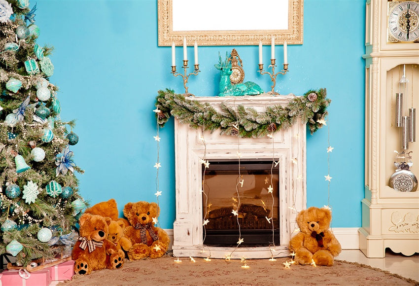 Toile de fond de bois cheminée ours mur bleu de Noël