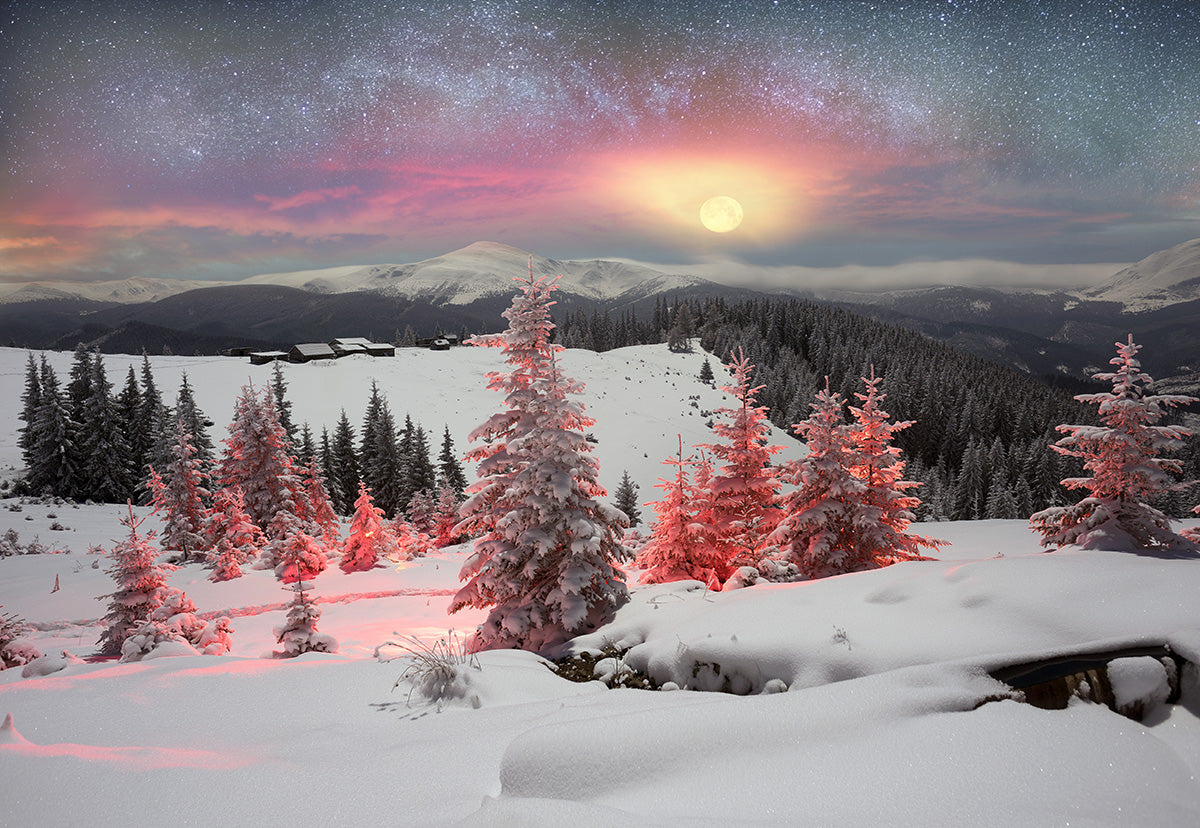 Toile de fond de neige forêt coucher de Soleil hiver photographie