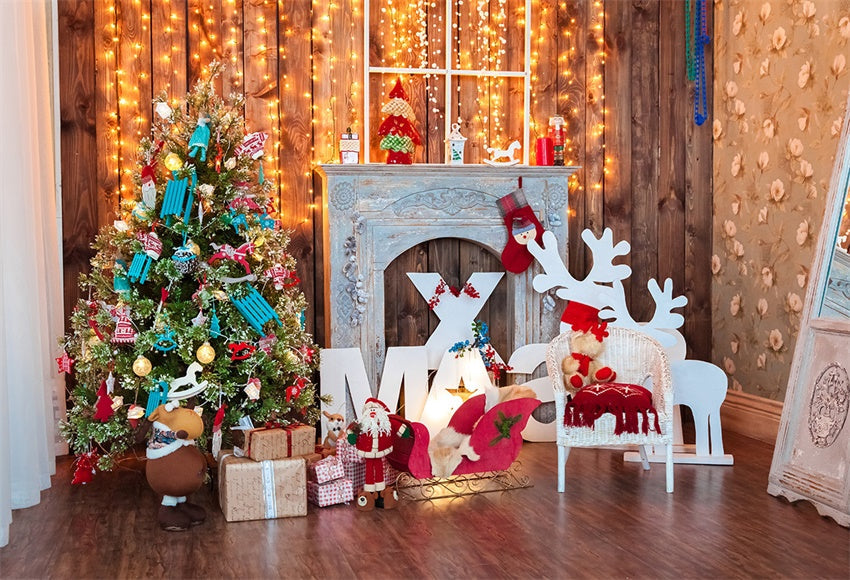 Toile de fond de décors de photographie de Noël lumineux en bois wapiti XMAS