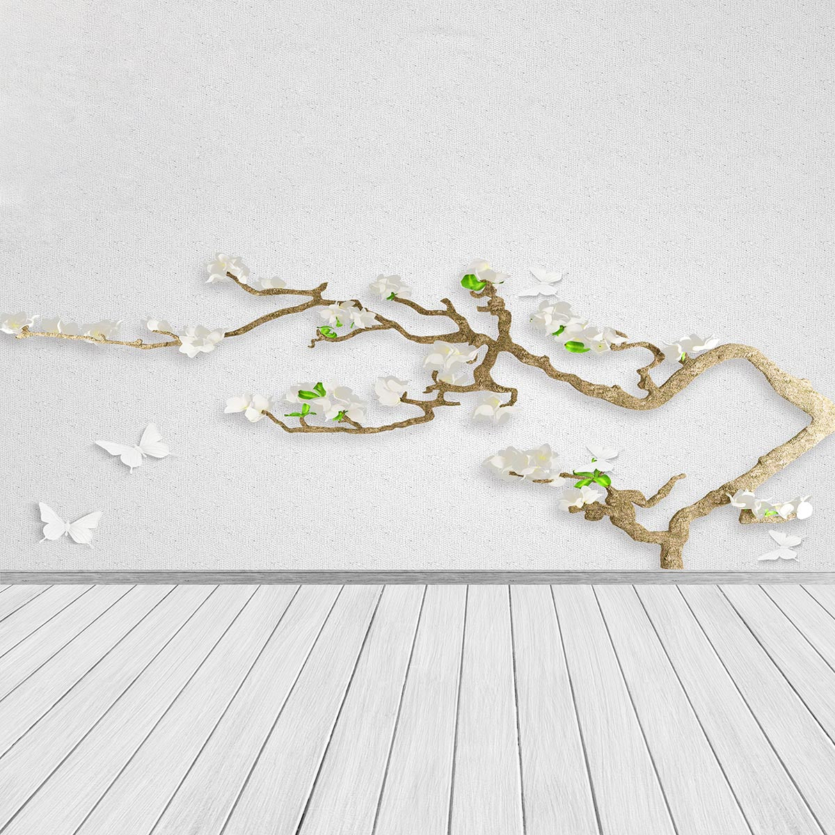 Toile de fond décors de fleurs de branches de papillon de plancher de bois blanc et gris