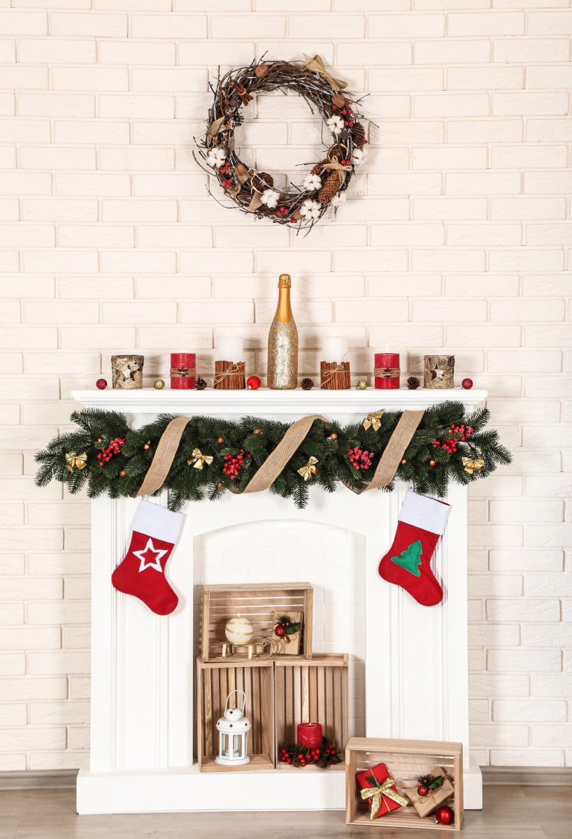 White Fireplace Christmas Brick Wall Photo Backdrops