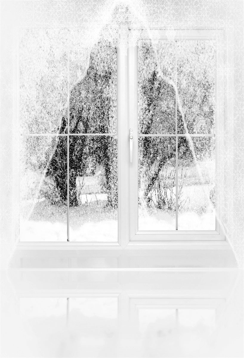White Lace Curtain Snow Winter Window View Photography Backdrops