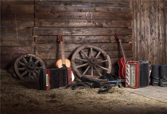 Toile de fond de photographie de musique de grange de paille vintage en bois pour l'automne