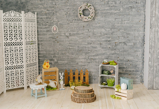 Toile de fond de mur de briques vintage plancher en bois décors de photographie de Pâques