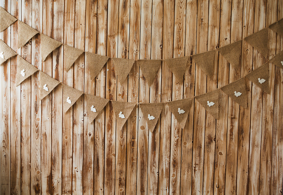 Toile de fond de photomaton de drapeau de lapin de Pâques de mur en bois brun