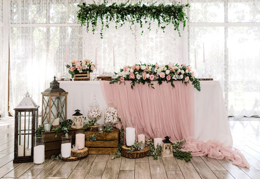 Toile de fond décors de plancher en bois de décor de fil de fleurs de mariage pour le studio
