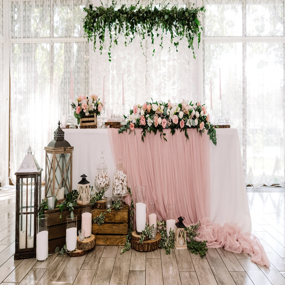 Toile de fond décors de plancher en bois de décor de fil de fleurs de mariage pour le studio