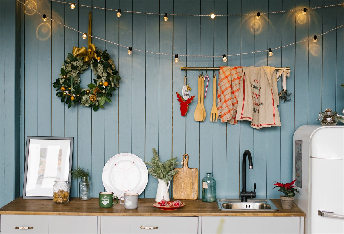 Toile de fond de Noël cuisine photographie bleu mur en bois