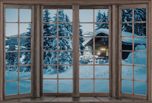 Toile de fond de fenêtre vintage en bois de neige d'hiver pour Noël