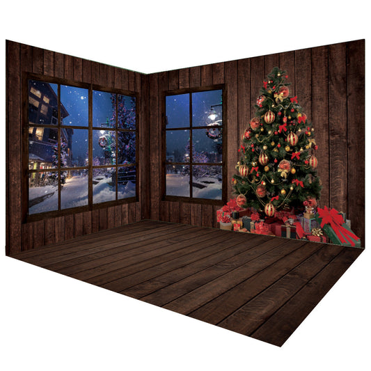 Ensemble de salle de décors d'hiver de Noël en bois brun foncé