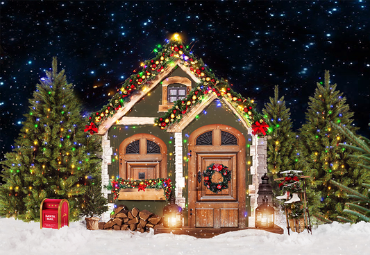 Toile de fond de maison en bois d'arbres de Noël pour la photographie SBH0273