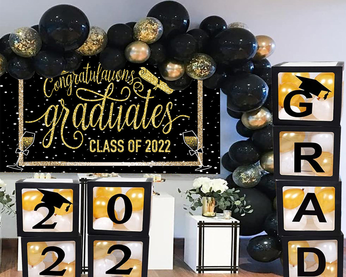 Toile de fond de fête de remise des diplômes noir et or félicitations de photographie 2022 félicitations TKH1853