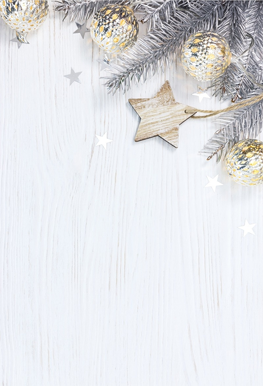 Toile de fond de Noël de boule de scintillement d'étoile blanche en bois pour le studio