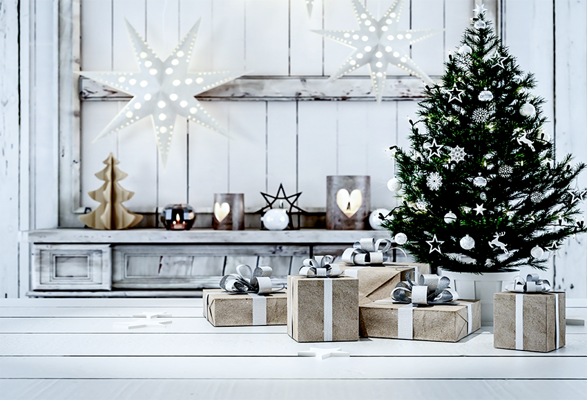 Toile de fond du festival de Noël étoile scintillante en bois blanc