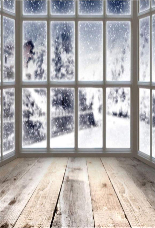 Toile de fond d'hiver fenêtre bois plancher neige Noël